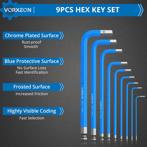 Allen Wrench Hex Key Set, 9PCS Metric Long Ball End L-key Set 1.5mm-10mm with Visible Coding for DIY and Repair