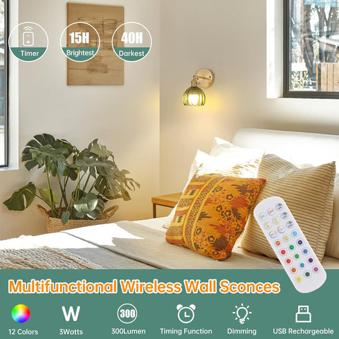 Shenmoyl Vintage Battery Operated Wall Sconce with Green Tulip Glass Lampshade Rechargeable Battery Powered Wall Light