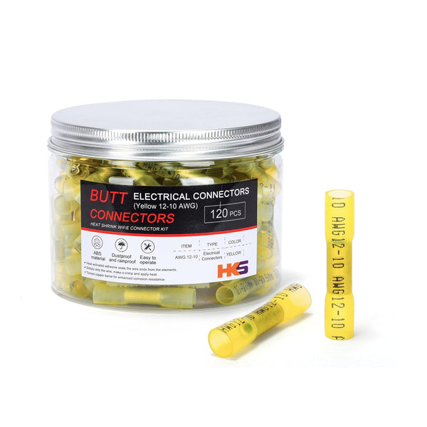 HKS 120 PCS Yellow Heat Shrink Butt Connector - 12-10 AWG Electrical Connectors - Tinned Red Copper 1mm - Automotive