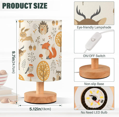 Oarencol Bedside Table Lamp Woodland Animals Nightstand Lamp with Wood Fox Owl Deer Buuny Trees Leaves Desk Lamps