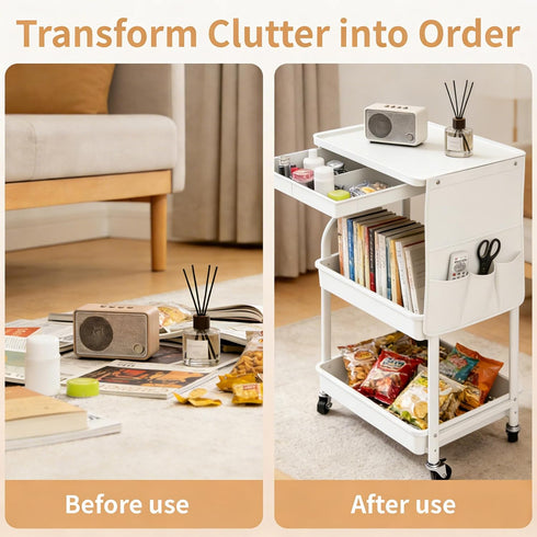 BLULEE 3 Tier Rolling Cart with Wheels and Drawers,Utility Storage Organizer Cart with Fabric Bag & Silent Casters