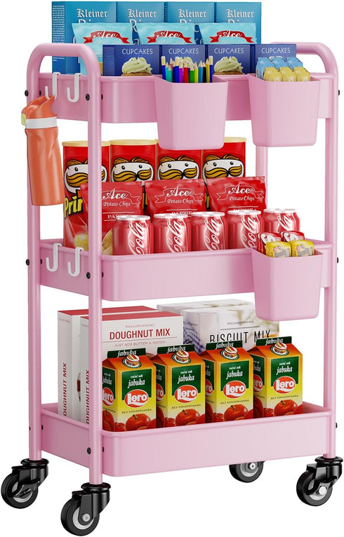 YASONIC 3-Tier Metal Rolling Cart, Heavy Duty Utility Cart with Wheels, 3 Hanging Cups and Hooks, Rolling Storage
