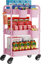 YASONIC 3-Tier Metal Rolling Cart, Heavy Duty Utility Cart with Wheels, 3 Hanging Cups and Hooks, Rolling Storage