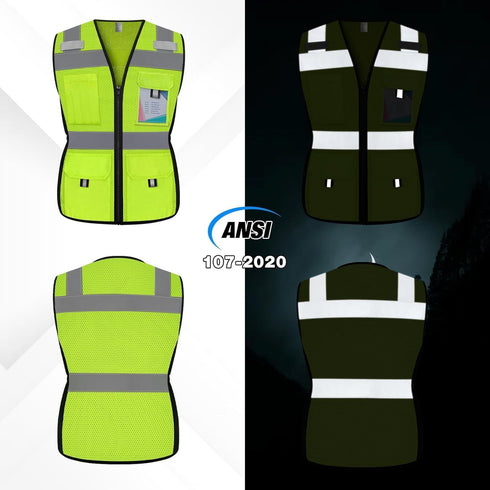 Reflective Vest for Women, Mesh Womens Safety Vest with 11 Pockets and Zipper, Hi Vis Neon Construction Work Vest for Lady Surveyors/Workers, Snugly-Fitted, ANSI Compliant (U-Yellow, S)