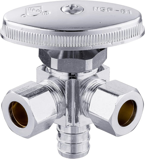 (Pack of 2) EFIELD Dual Outlet Angle Stop Valve, 1/2" Pex-b Crimp Connection Inlet x (3/8 inch x 3/8 inch) Outlet