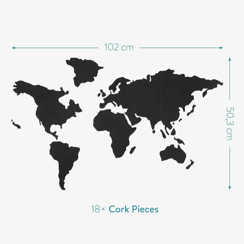 Navaris Cork Board World Map, Self-Adhesive Corkboard for Wall, 18 Cork Pieces and 10 Pins, Black