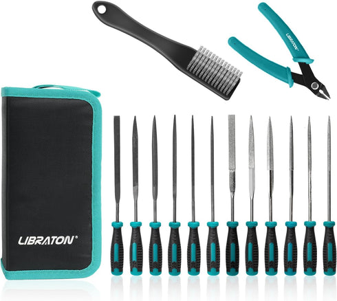 Libraton Needle File Set, 14PCS Diamond and Carbon Steel Files with Wire Cutter, Carry Bag for Soft Metal and Wood