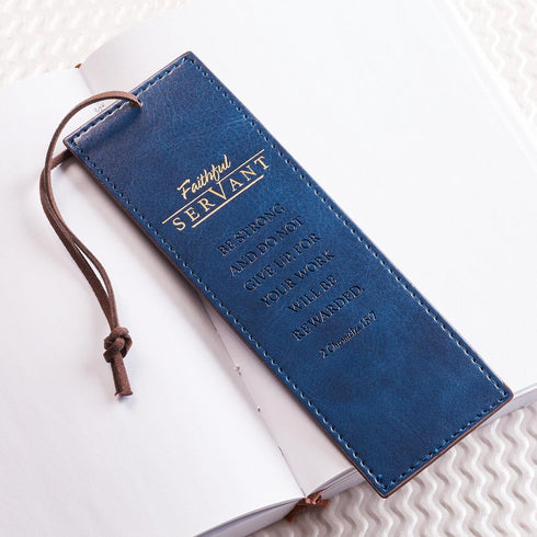 Christian Art Gifts Vegan Faux Leather Scripture Bookmark for Men & Women, Faithful Servant, Navy Blue