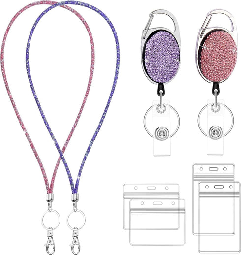VIQWYIC 2 Pack Retractable ID Badge Holder, Bling Neck Strap Lanyard, Clear Card Holder for Office Workers (Pink&Purple)