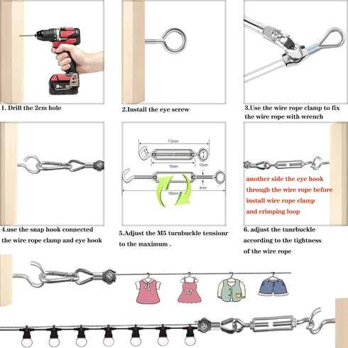 1/16 50M/165FT (50M, 165FT, 80) Wire Rope Kit,String Light Hanging Kit , Outdoor Light Guide Wire, Vinyl Coated