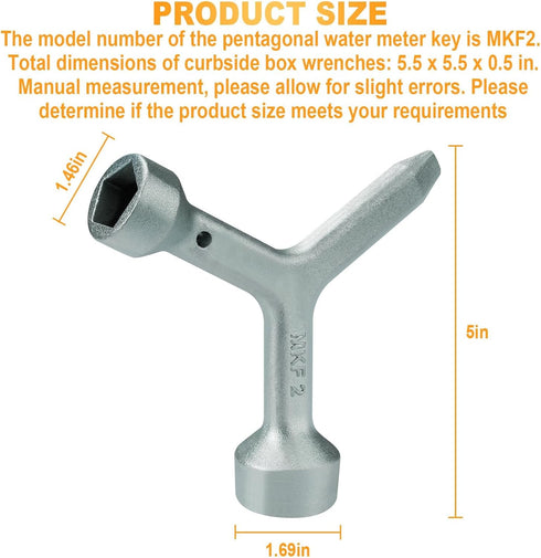 MKF2 Meter Curb Box Key, Heavy-Duty Silver Shut Off Tool for Standard & Large Pentagon Bolts, 5.5 Inches