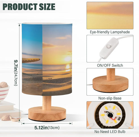 Summer Sunset Bedside Lamp Starfish Shells Beach Table Lamp for Bedroom LED Nightstand Lamp Shade USB Ports Wood Base