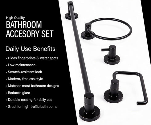 4-Piece Set, 24-Inch HIGHCRAFT Bathroom Accessory Matte Black Towel Bar, Towel Ring, Robe Hook & Toilet Paper Holder