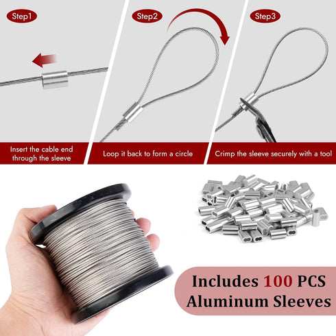 Hoiny 328FT 1/16" 304 100Pcs 7x7 300lbs Wire Rope Kit, Stainless Steel Cable with Crimping Sleeves, Strand Heavy Duty