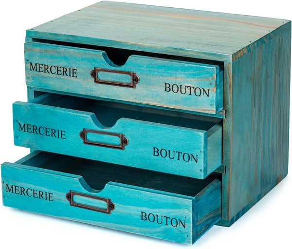 Turquoise 3-Tier Drawer Unit, European Country Style Desk Organizer Box, Wooden Teal Stackable Drawers