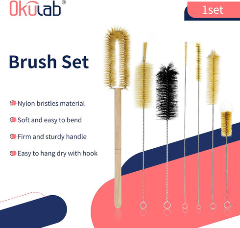 Cleaning Brush Set, 7PCS of Brush Cleaner for Labware, Tube, Bottle with Pipes, Narrow Nozzles, Nylon Bristles Material, CBS7A1 by Okulab
