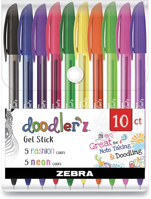 Zebra Pen Doodlerz Gel Stick Pen, Bold Point 1.0mm, Assorted Glitter Colors, 10 Pack