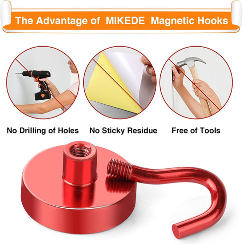 MIKEDE Heavy Duty Magnetic Hooks, 80LB Strong Neodymium Magnet with Hook for Fridge, 4 Pack (Red)