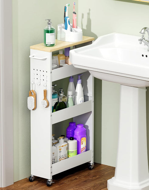 4-Tier OKZEST Utility Slim Storage Cart, Narrow Laundry Room Bathroom Organizers and Storage Cart, Metal Pantry Kitchen