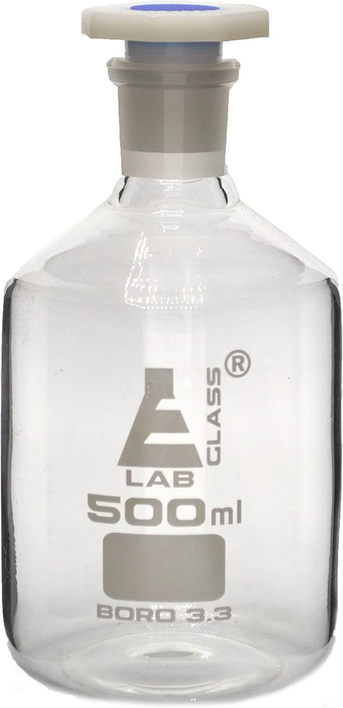 EISCO 500mL Glass Reagent Bottle with Acid Proof Polypropylene Stopper, Borosilicate 3.3 Glass