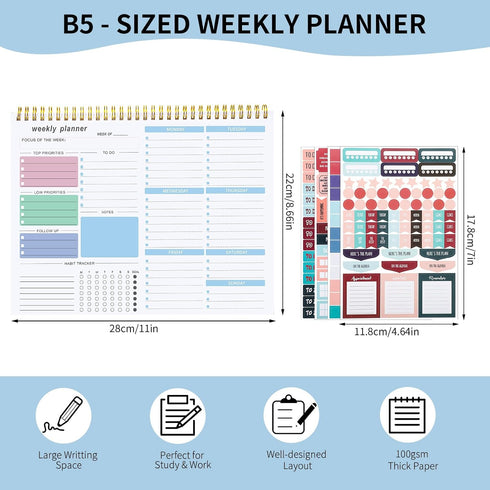 Undated Weekly To Do List Notepad, 52 Tear Off Sheets Weekly Planner & Habit Tracker for Home and Work, Blue