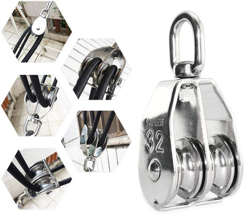 1PCS Lifting Double Pulley - Stainless Steel Heavy Duty Double Wheel Swivel Lifting Rope Pulley Block M32