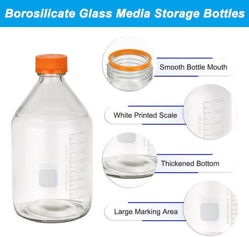PATIKIL 1 Pack Reagent Media Storage Bottles, 2000ml Borosilicate Glass Graduated Round Bottles for Lab