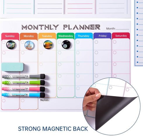 Pubell Magnetic Fridge Calendar Whiteboard Set (3-Pack) with Monthly, Weekly, Shopping List, Markers