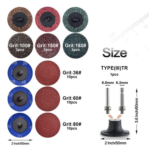 40 Pack 2 inch 1/4" 36/60/80 Tshya Quick Change Disc, Sanding Discs, with Roll Lock Disc Pad Holder for Die Grinder