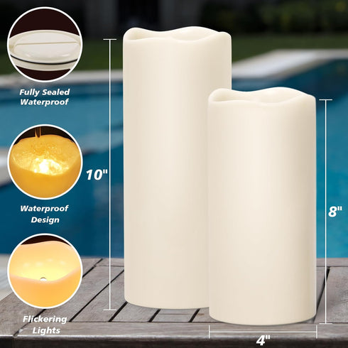 (4"x8" 4"x10" Set 2) Solar Candles Outdoor Waterproof, Outdoor Candles with Sensor Timer Waterproof Flameless Candles