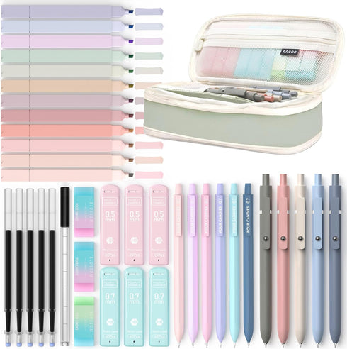 Four Candies 39 PCS Aesthetic School Supplies, Cute Pen Case, 12 Pastel Highlighters, 5 Black Ink Gel Pens, 6
