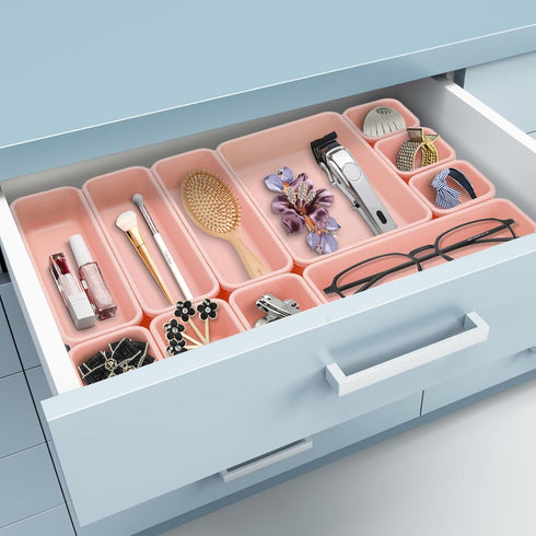 KeFanta 22 Pack Desk Drawer Organizers, Interlocking Storage with 3 Sizes for Office, Bathroom, Pink