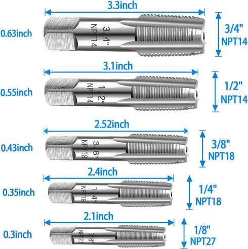 5-Piece NPT Pipe Tap Set, 1/8", 1/4", 3/8", 1/2", 3/4" ¾” NPT Tap Set Carbon Steel Hand Threading Plumbing Tap Set for Accurate Threads, Assorted Plumbers Mechanics DIY Thread cutting tools