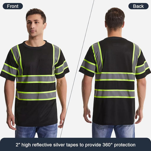 SKSAFETY High Visibility Professional Level T-Shirts Quick Dry Class 3 Safety Shirts for Men Women, Reflective Short Sleeve Breathable Birdeyes T-Shirt with Pocket for Construction work, Medium Black