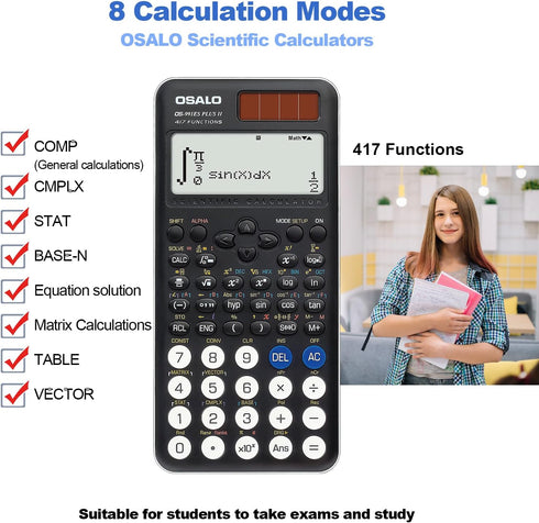 OSALO Scientific Calculator, 417 Function, 2 Line 10+2 Digits Written Display, Solar and Battery for School