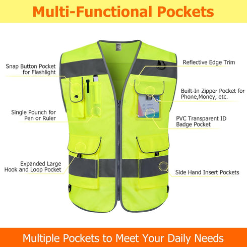 TCCFCCT High Visibility Vest with 9 Pockets, Reflective Safety Work Vest for Men Women, Meets ANSI/ISEA Standards