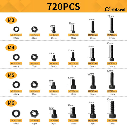 720Pcs M3 M4 M5 M6 12.9 Grade Alloy Steel,Hex Socket Head Cap Screws Bolts,Flat Washers & Nuts Black Screw Assortment Kit,Black Oxide Finish