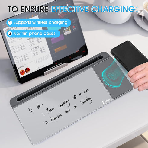 Varhomax Glass Desk Whiteboard with Wireless Charger, Dry Erase Board with Storage for Home and Office