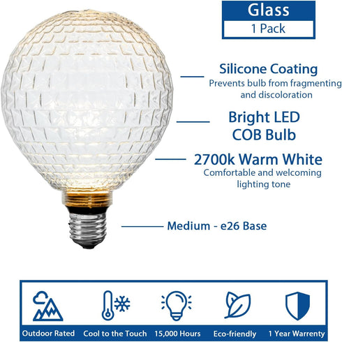 Festive Living 5" G125 Bulb 2700K 3 E26 IP54 Celeste Glow LED Glass Globe for Pendants and Patio Strings, Warm White