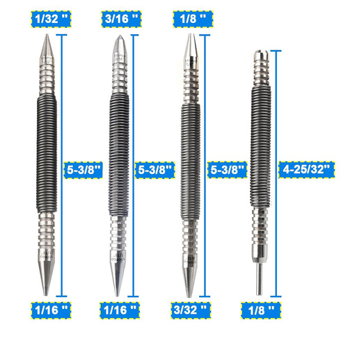 Spring Nail Set,Dual Head Nail Setter,4pcs Hammerless Door Hinge Pin Removal Tool,Striking Force Spring Loaded Nail Punch 1/8-in, 3/32-in, 3/16-in, 1/16-in, 1/32-in, 1/8-in