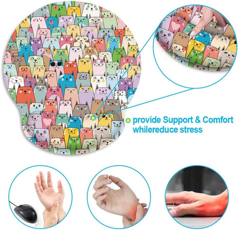 Britimes Ergonomic Mouse Pad with Wrist Support, Colorful Cats Non-Slip Rubber Base for Home Office