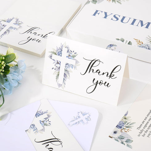 50Pcs FYSUIMU Funeral Thank You Card Cross Flower Sympathy Boxed Thank You Card with Sticker Envelope Blue Floral