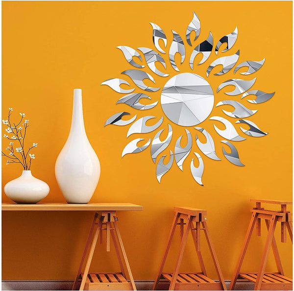 CUNYA 3D Mirror Sunflower Wall Decor Sticker - Peel and Stick Acrylic Mirrors for Living Room, Bedroom, Farmhouse