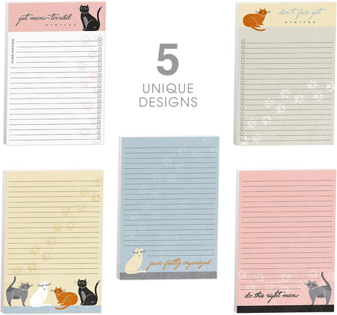 Cat Puns Daily Notepads Set, 4" x 6" Sticky Note Fill in Priority Lists, Five Unique Feline Designs