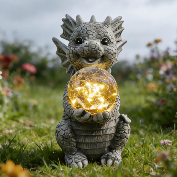 Solar Garden Decorations - Dragon Statue with Crackle Glass Ball Light -