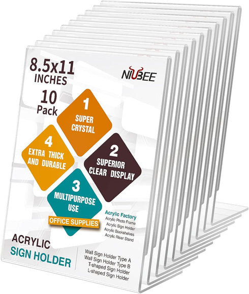 NIUBEE Acrylic Sign Holder, 8.5 x 11 Inches Slanted Back, Clear Plastic Table Stand for Office, Store, and Restaurant