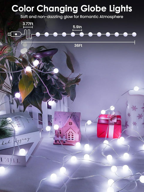 33FT 66LED Smart Color Changing String Lights for Bedroom, App Control LED Globe Fairy Lights with Remote, Twinkle