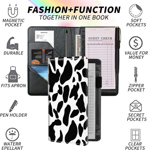 Dikoer PU Leather Server Books for Waitress, 7 Large Pockets with Zipper, Pen Holder Personal Organizer Wallet, Cow
