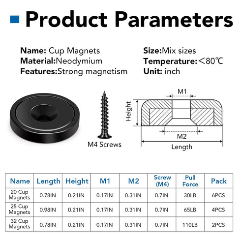 LOVIMAG Strong Magnets, 3 Different Size Neodymium Cup Magnets, 12Pcs Black Heavy Duty Magnets with Countersunk Hole and Screw for Wall Mounting, Holding Tools Lifting, Cruise, Fridge, Cabinet Magnets