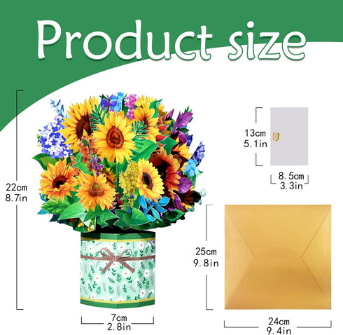 Sunflower Pop Up Cards,Paper Flower Bouquet Greeting Cards with Blank Note Card & Envelope, ideal gift for celebrating